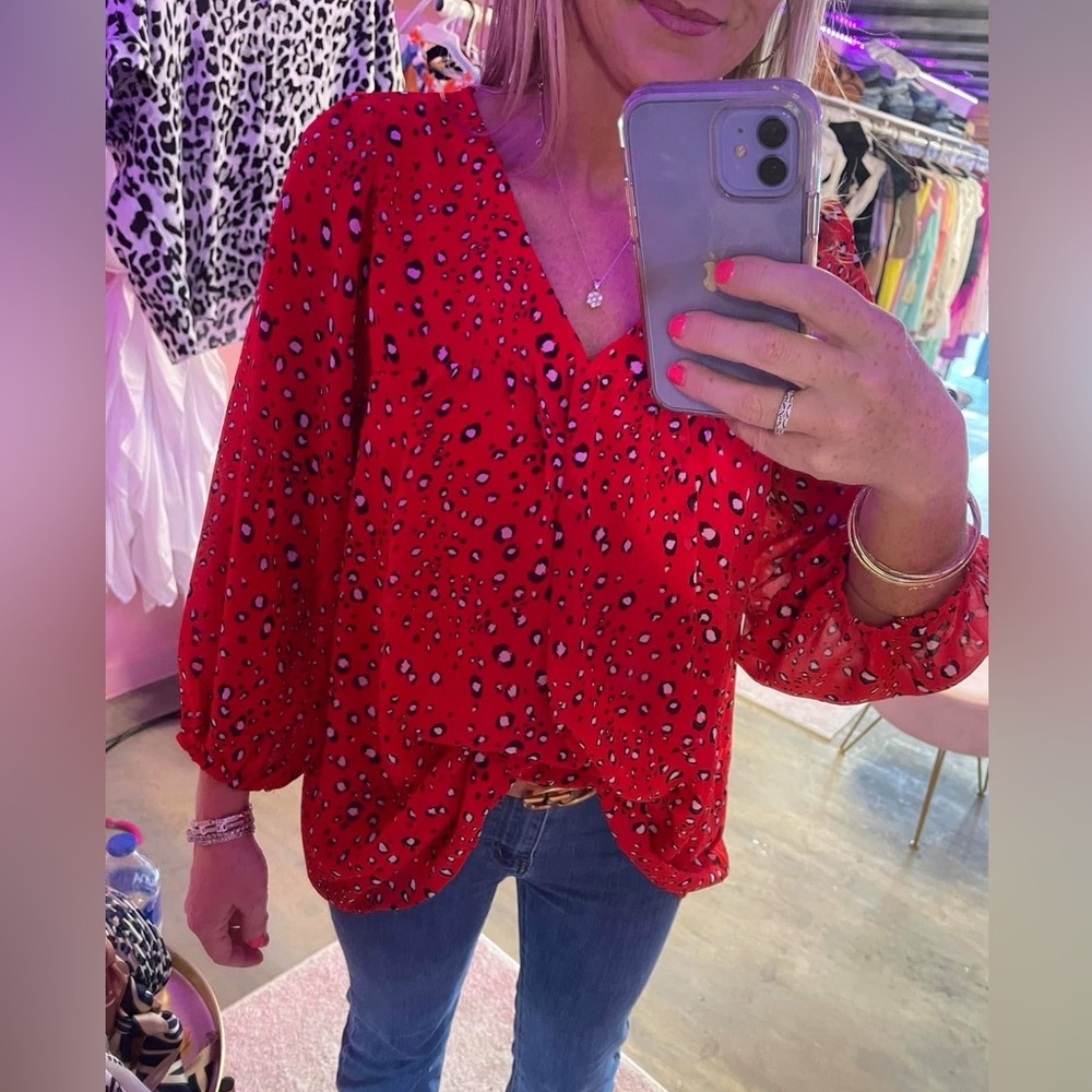 Jodifl Red Leopard Print V-Neck Blouse - Women Tops Size small NWT
